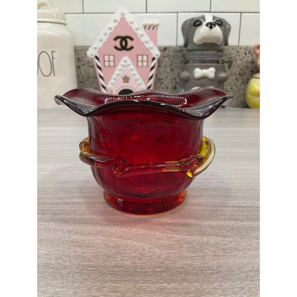 VINTAGE PILGRAM ART AMBERINA VASE BOWL CRACKLE RUFFLED EDGE APPLIED DETAIL